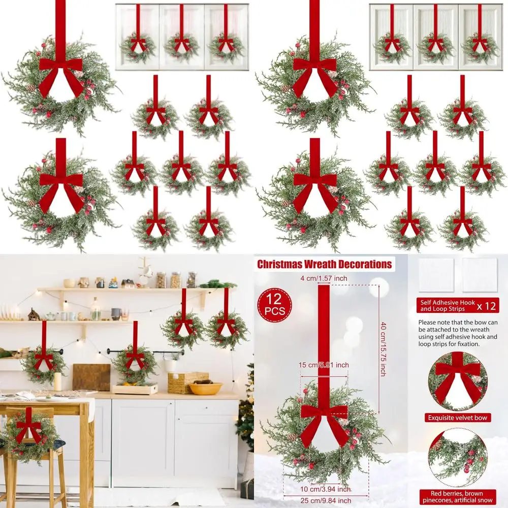

Set of 12 Mini 9.8 Christmas Norfolk Wreaths with Red Bows for Festive Door & Window Decor