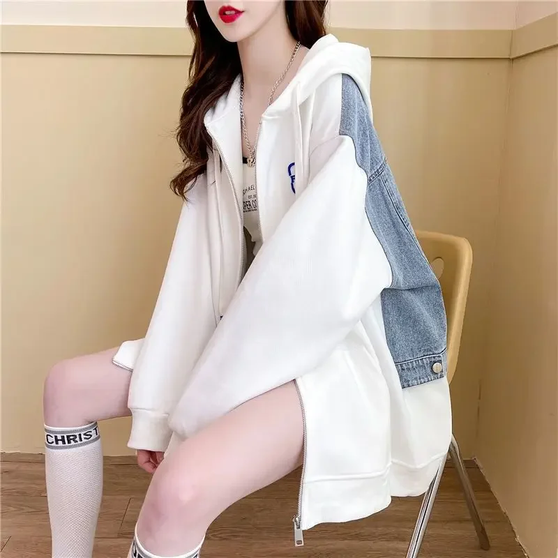 With Zipper Baggy Black Woman Clothing Full Zip Up Hooded Grey Long Splicing Hoodies Women\'s Sweatshirt Top Loose Matching Kpop