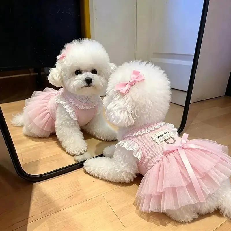 Summer Pomeranian Tulle Skirt Lightweight Pet Clothes Lace Bow Puppy Dress Teddy Cute Breathable Pullover Pretty Maltese Skirts