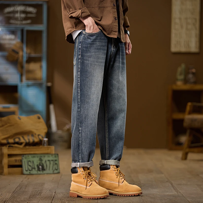 Jeans Denim Straight Pants Men Washed Distressed Mid Waist Pockets 2026 Streetwear Basics Ankle Length Trousers Vintage Denims