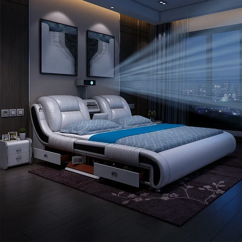 Genuine Leather Multifunctional Beds Ultimate Massage Camas with Bluetooth,Speaker,Safe,Air Cleaner, Projector,Drawers