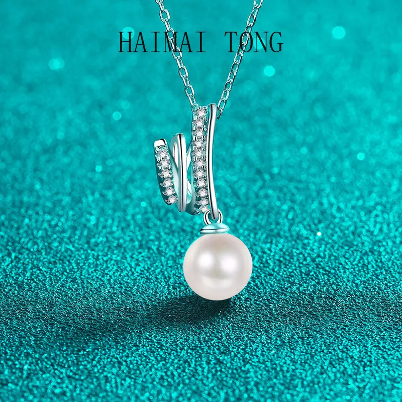 

HAIMAITONG moissanite diamond pt950 platinum pearl necklace with round-cut diamond pendant and collar chain for collarbone.