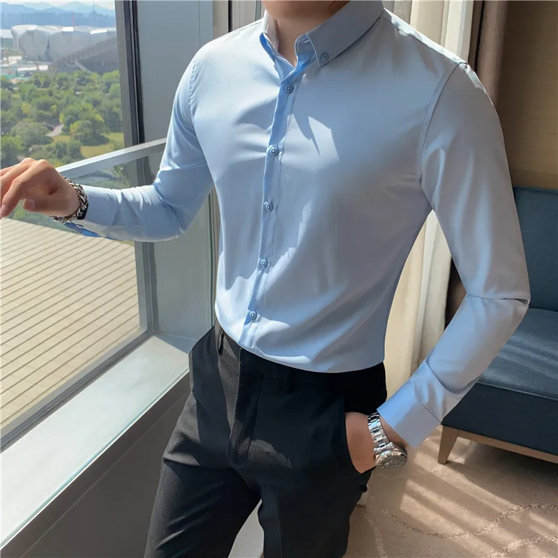 Camisa elástica masculina ultra elástica de 4 vias - verde esmeralda slim fit com botão para baixo escritório casual resistente a rugas conforto S-7XL
