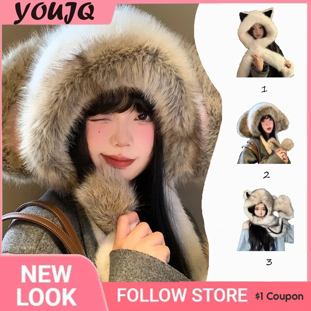 Stylish Thick Plush Fox Ear Hat Scarf Combo Winter Bomber Cap Neck Protection