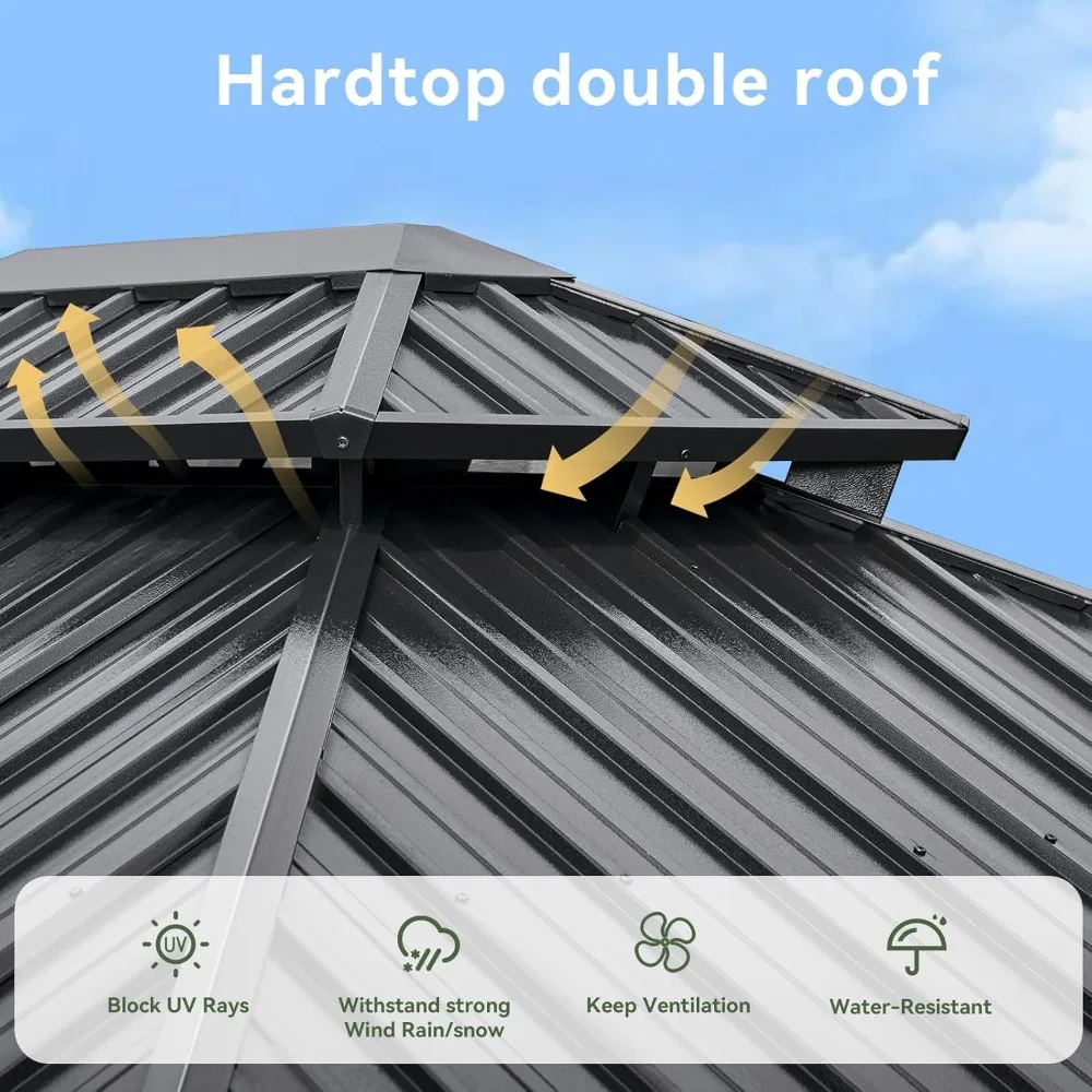 10'x12' Hardtop-Pavillon, Baldachin mit Aluminiumrahmen, doppelt verzinktes Stahldach, Metallpavillon für den Außenbereich mit Netz, Grau