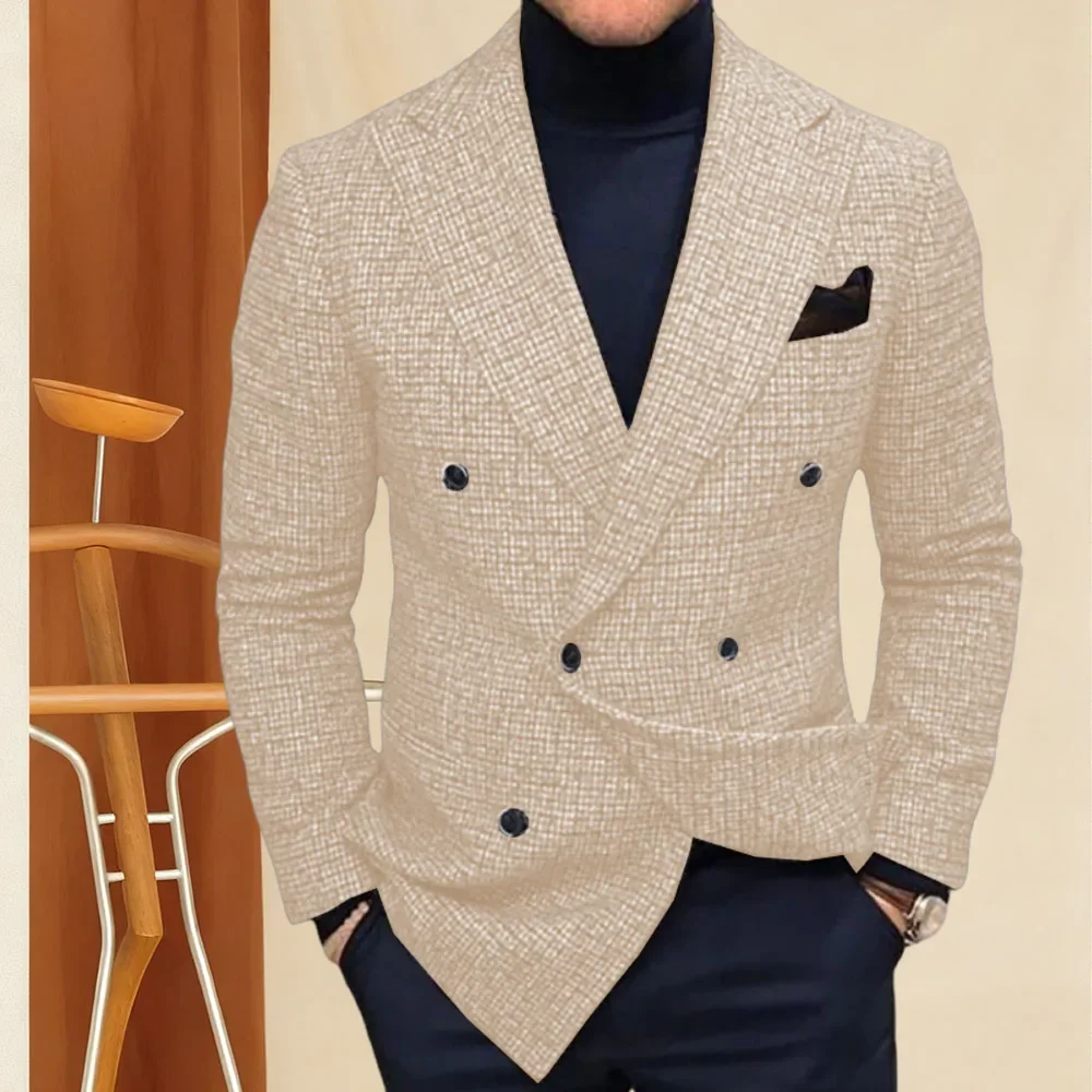 

Man Plaid Suit Jacket Men Plaid Blazers Business Leisure Double Breasted Slim Fit Men's dinner Dressing Coat Man Clothes