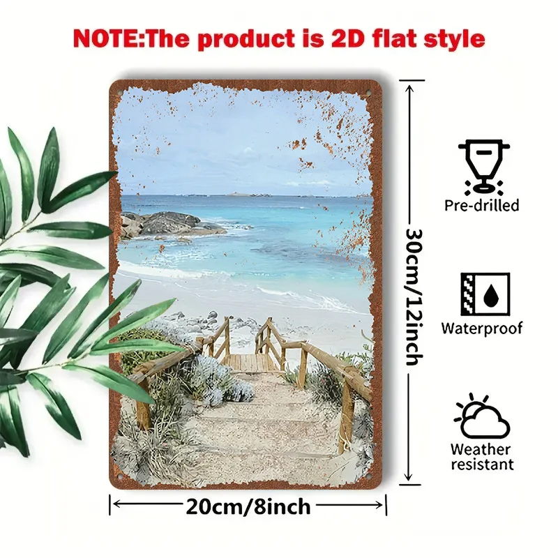 2D Flat - 1pc 2D [Flat] Metal Sign Vintage Tin Painting 'Seaside Path' 8X12 Inches / 20X30 Cm, Depicting a Beautiful Beach with