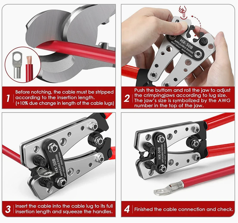 Hochleistungs-Batteriekabel-Crimpwerkzeug-Set, Bereich 8–1/0 AWG, Sortiment für Draht-Crimp-Steckverbinder, Auto, Kupfer-Ring-Anschluss – Detail 6