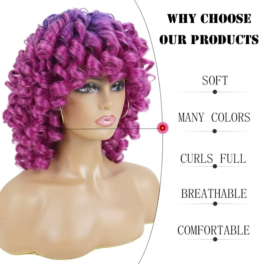 باروكات باللون الأزرق والأرجواني للنساء، شعر مستعار قصير مجعد ناعم مع غرة من الألياف الاصطناعية المقاومة للحرارة، مثالي لأزياء الهالوين