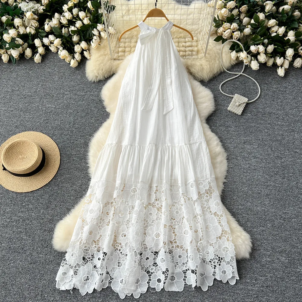 Women's Summer Casual Dresses Sexy Lace Splicing A-Line Beach Dresses White Lace Embroidery Bohemian Solid Colour Dress 2024