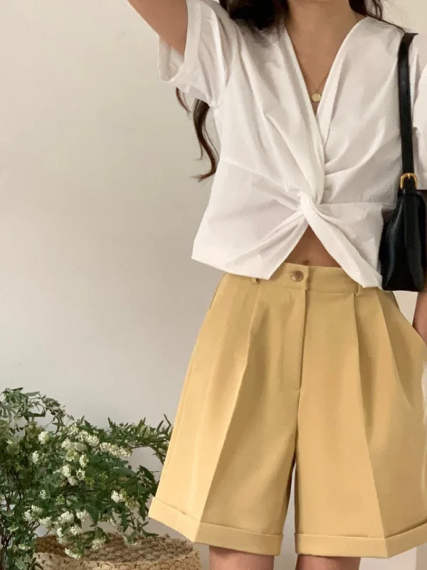 Fashionable Cross Knot Short Sleeve Shirt Versatile Wear for Bloggers Korean Style Spring Autumn Winter Casual Wear for Women