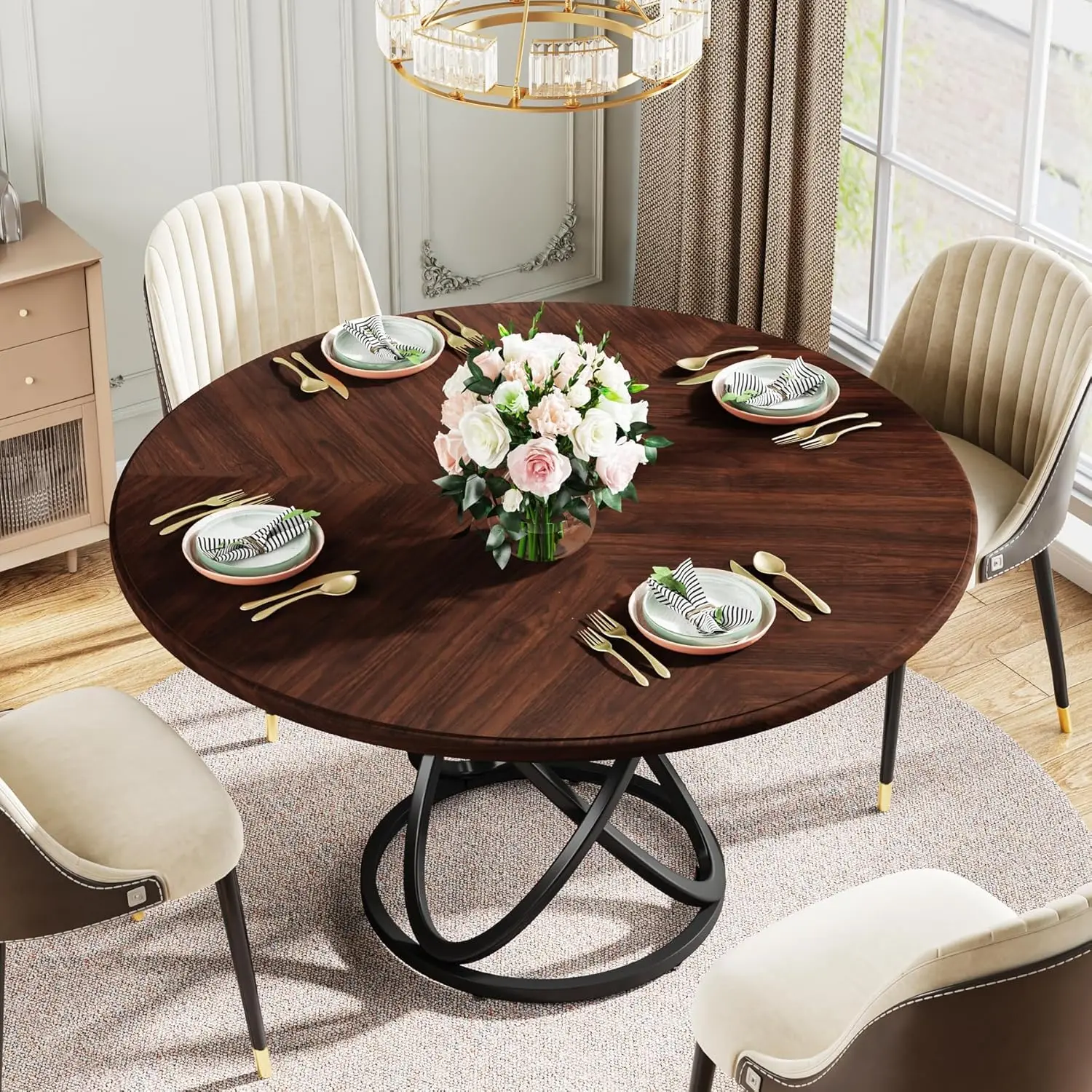 Round Dining Table for 4, 47 Inch Modern Kitchen Table Dining Room Table, Dinner Table with White Metal Base for Kitchen