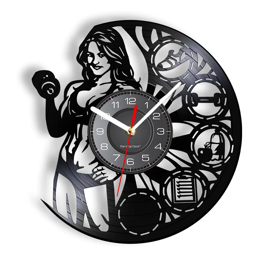 

Female Bodybuilder Weightlifting Wall Art Clock Muscletech Lady Builder Muscle Women Crossfit Workout Vinyl Record Wall Clock