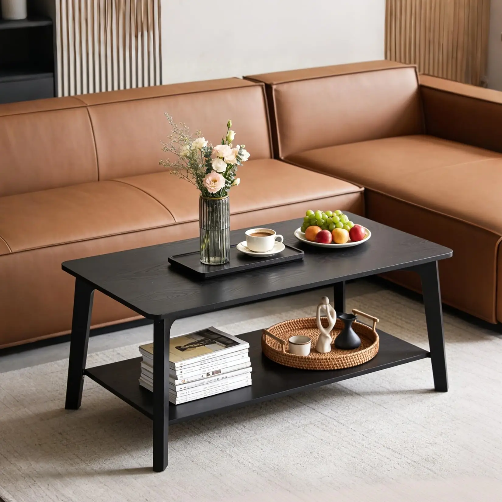 Mid Century Modern 2 Tier Coffee Table With Storage Black image 2