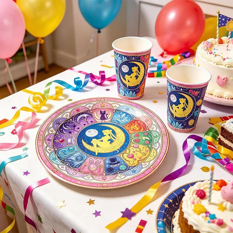 Décoration de fête Sailor Moon, ensemble de vaisselle jetable, gobelets, assiettes, drapeaux, pailles, bannières, gâteau, thème anniversaire, célébrations de vacances