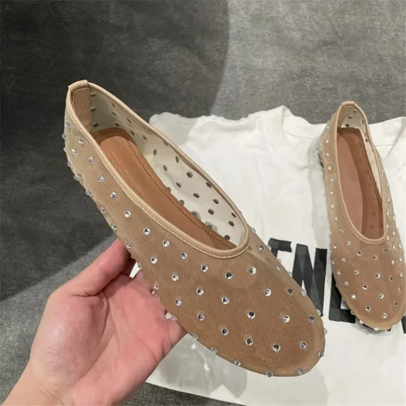 Women Ballet Shoes Casual Walking Loafers Ladies Rhinestone Slip-on Flat Shoes 2024 Fashion Mesh Flat Dance Sandals mocasines