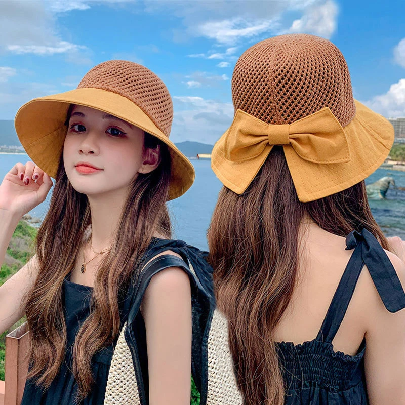 2024 New Women's Summer Sunscreen Hat Breathable Shade Korean Version Of All Knitted Hollow Bow Decorative Fisherman Hat