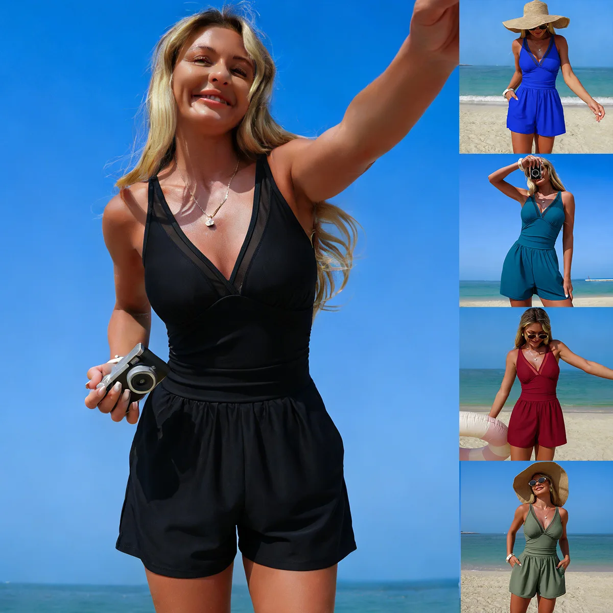 Summer 2026 Women's Conservative One-Piece Swimsuit Boxer Style Anti-Exposure Swimming Trunks with Pocket Fashion Design