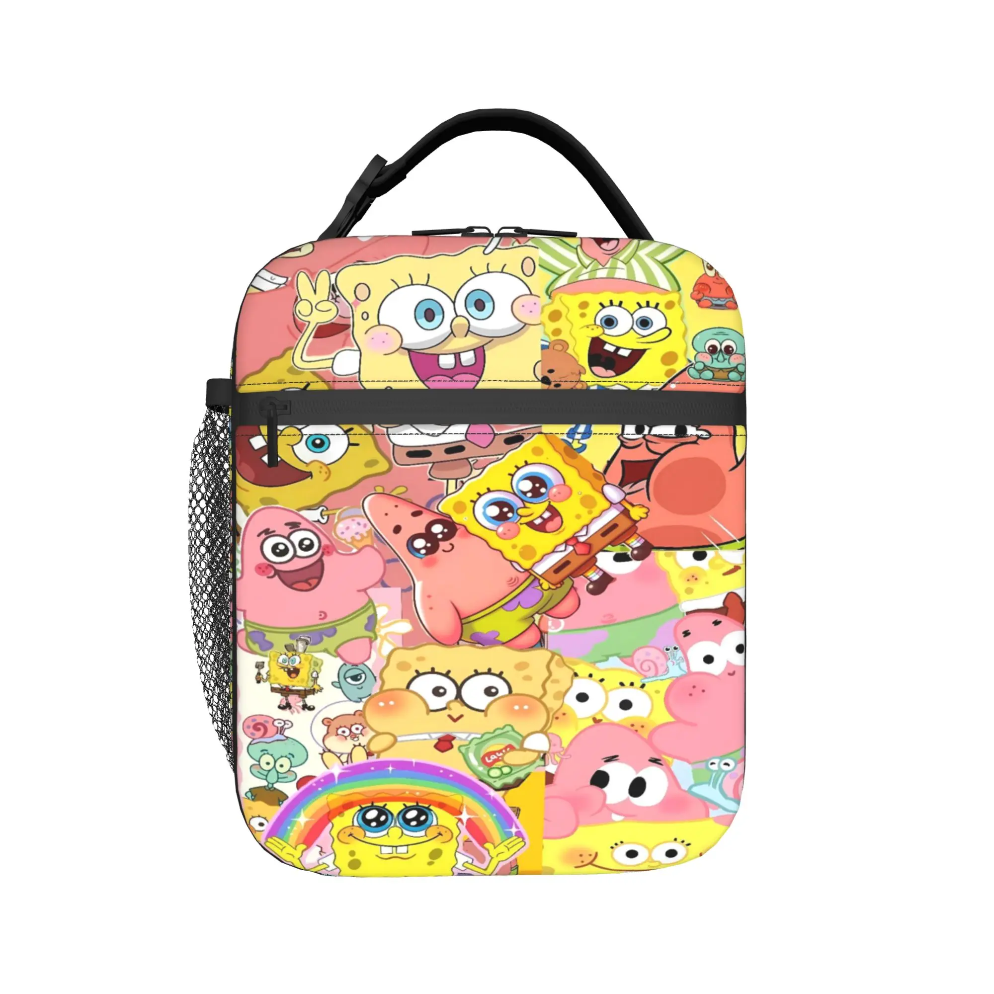 S-SpongeBobed Pink Tone Cute Group Collage Lunch Bag For Women  Print School Lunch Box Leisure Portable Oxford Cooler Bag