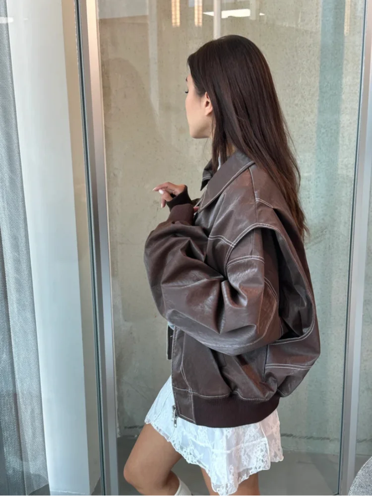 Women Vintage Solid Lapel Collar Zipper Leather Jackets Fashion Pockets Cropped Long Sleeves Coats 2024 New Ladies Chic Coats