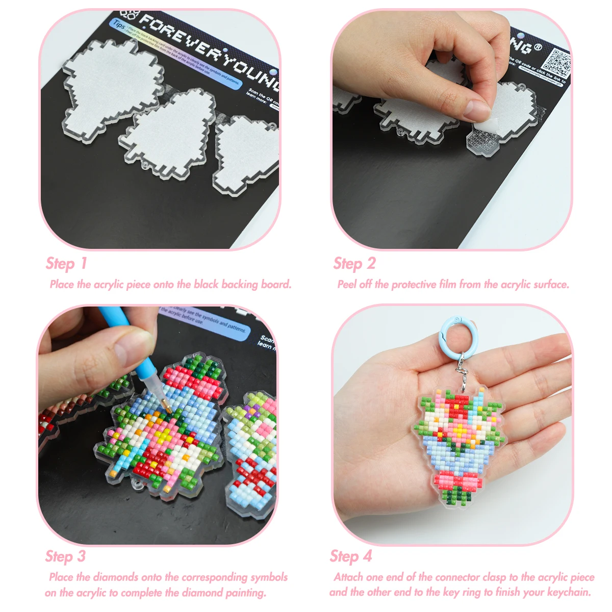 FOREVER YOUNG 3PCS Bouquet Acrylic Diamond Painting Keychain Kit - Full Square Diamonds DIY Arts Crafts for Kids Adults view 5