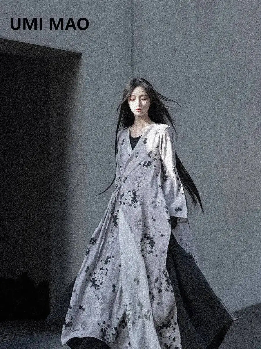 

UMI MAO Chinese Style Jacket Dark Slim Irregular Long Print Lace Up Slit Flowing Cardigan Coat Femme Y2K