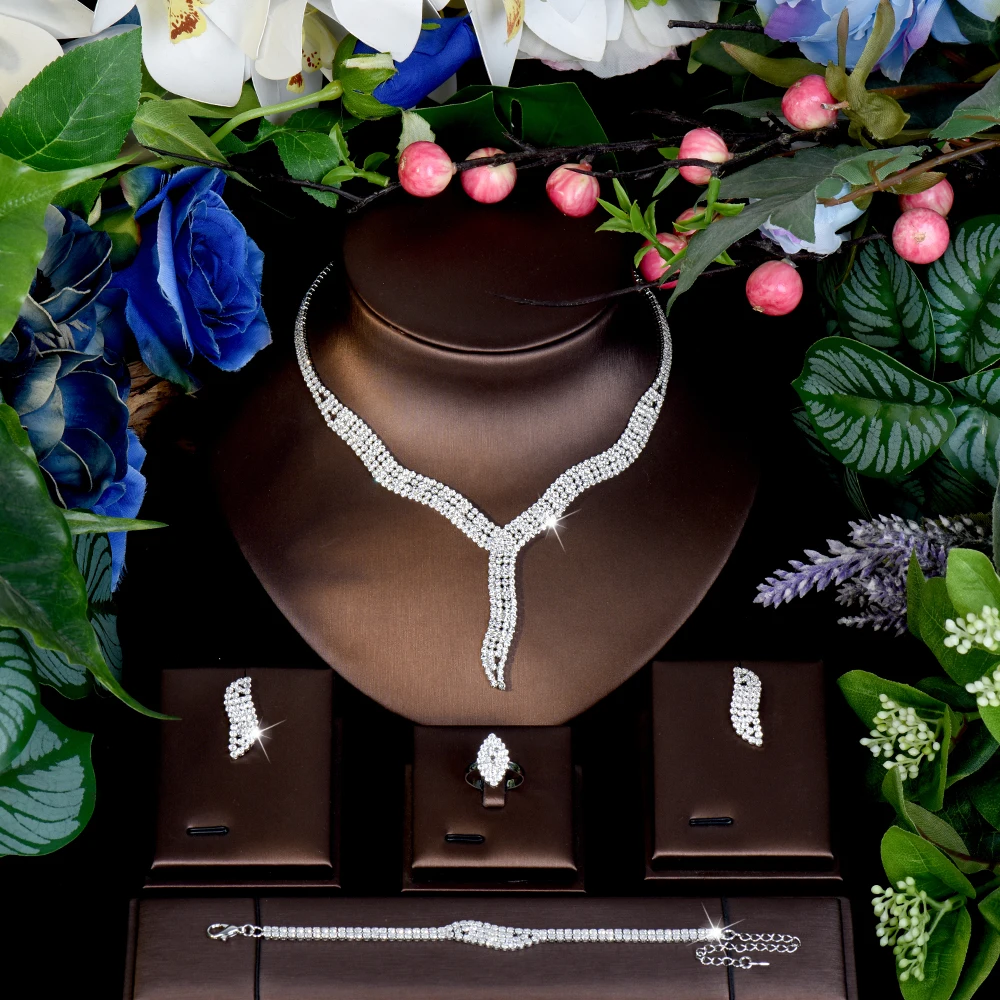 HIBRIDE New stereo Luxury Art Necklace Earrings Bracelet Set Women's Clothing Light Luxury Jewelry Wedding Holiday Gift S-1090