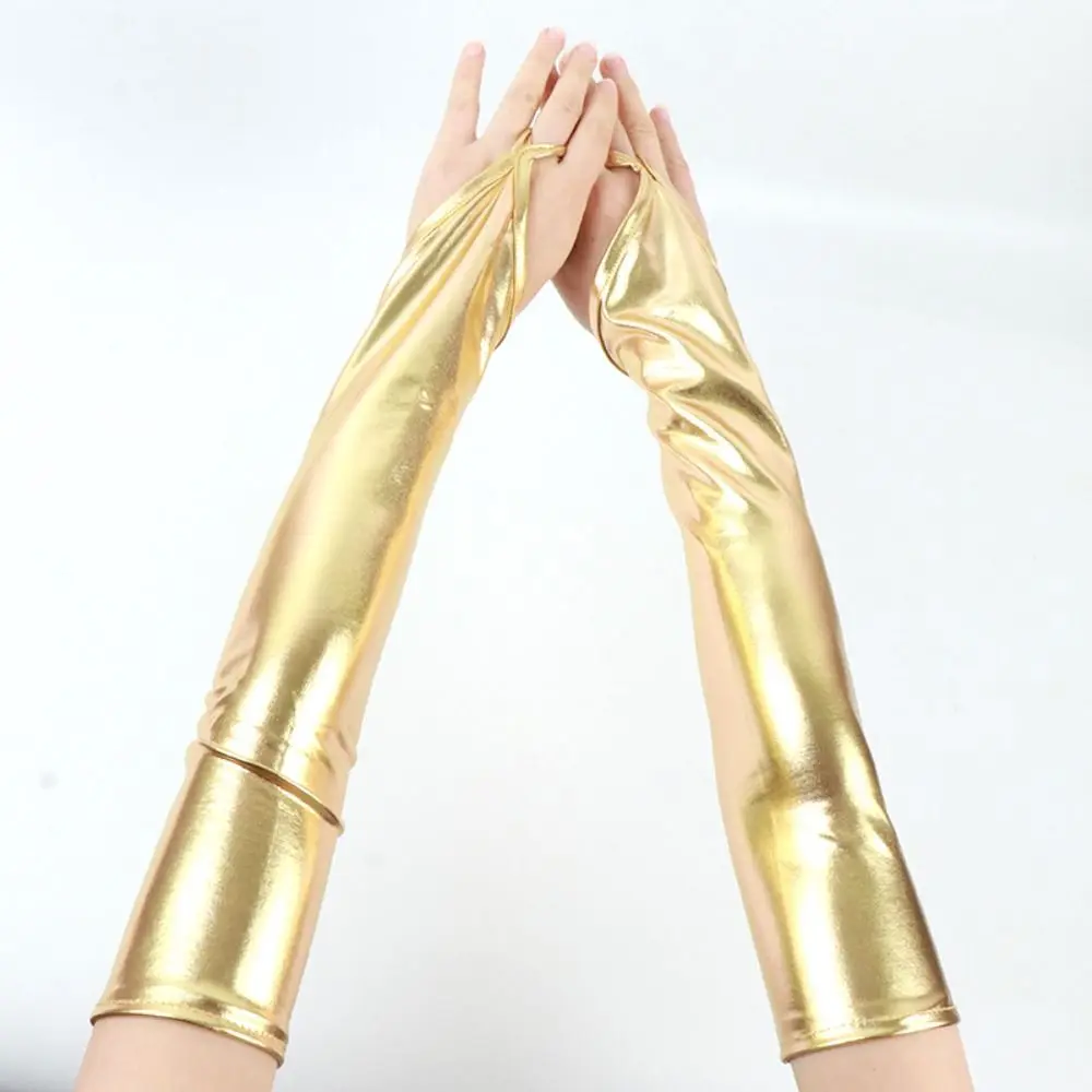Slim Elastic Hook Finger Long Gloves Shiny Cloth Patent Leather Black Gloves Elbow Long Lolita Women Gloves Halloween Cosplay
