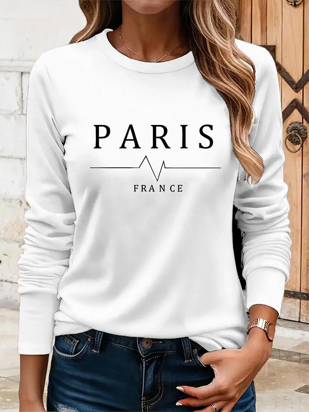 Women's Long Sleeve T-Shirt with PARIS in Uppercase Letters and FRANCE Below Featuring An ECG Line Graphic in The Center T Shirt