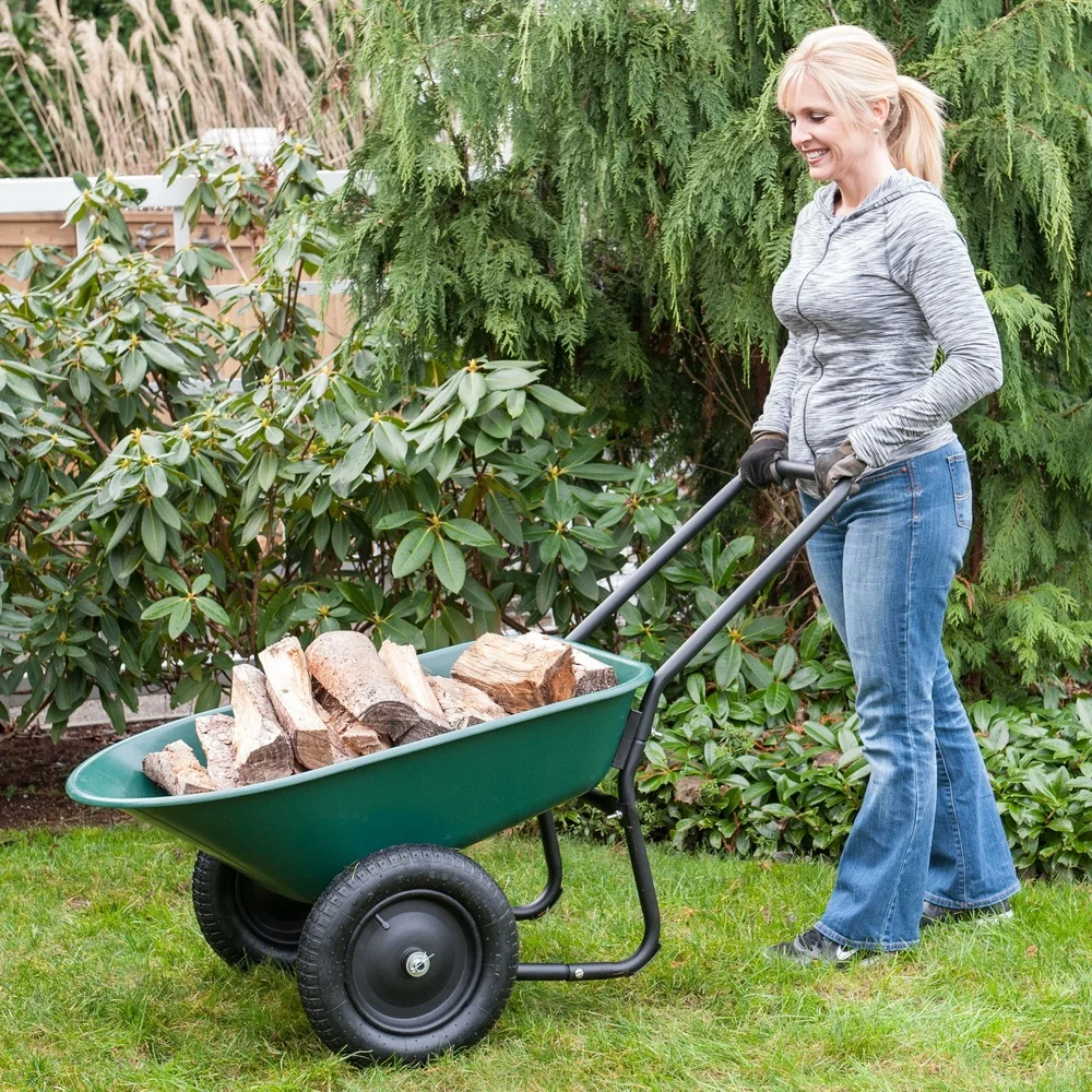 Yard Rover Dual Tire Wheelbarrow 300lb Load Capacity Easy Maneuvering Outdoor Projects Durable Poly Tray Loop Handle