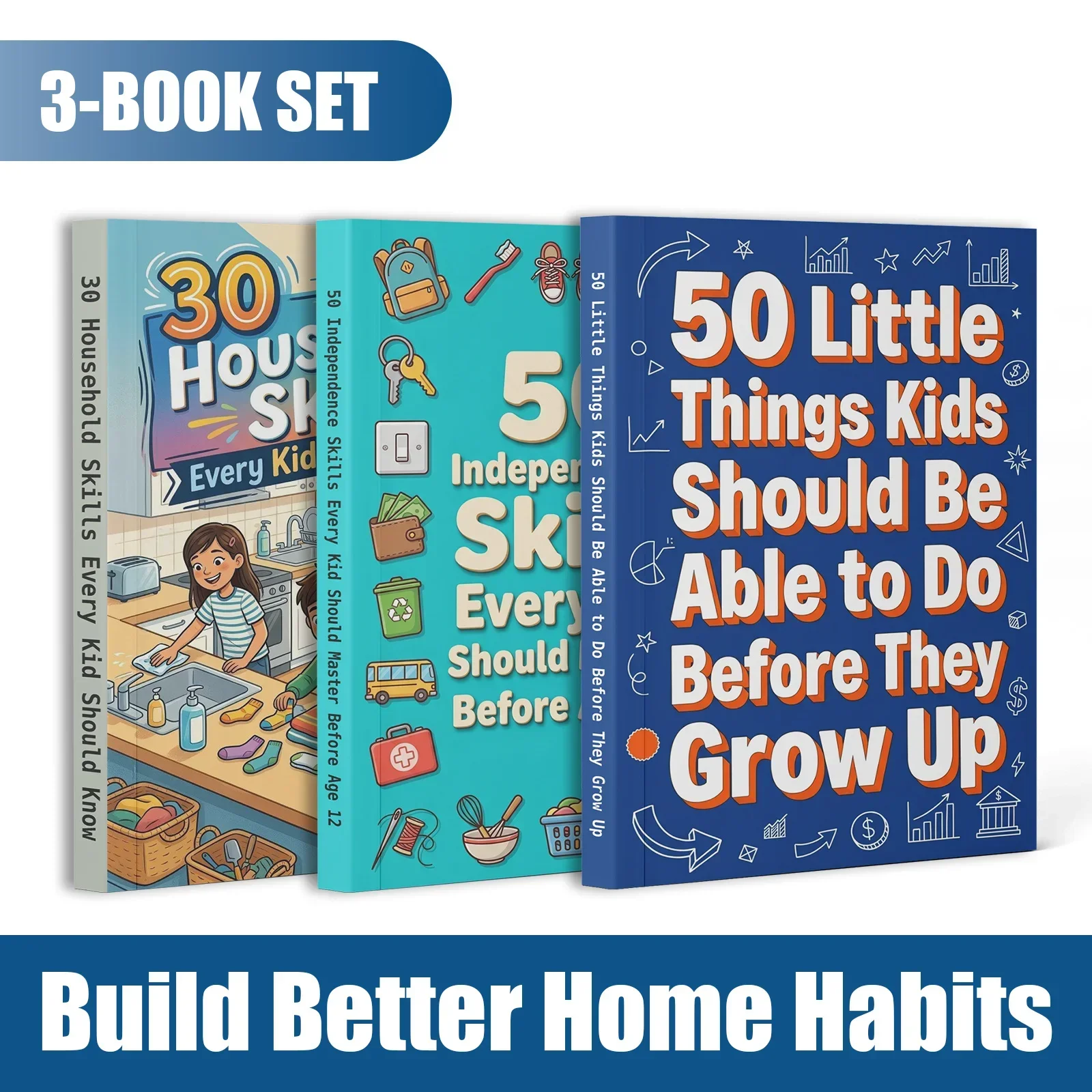 3-Book Kids Life Skills and Independence Book Set, Household Skills, Daily Tasks and Practical Abilities Guide for Children