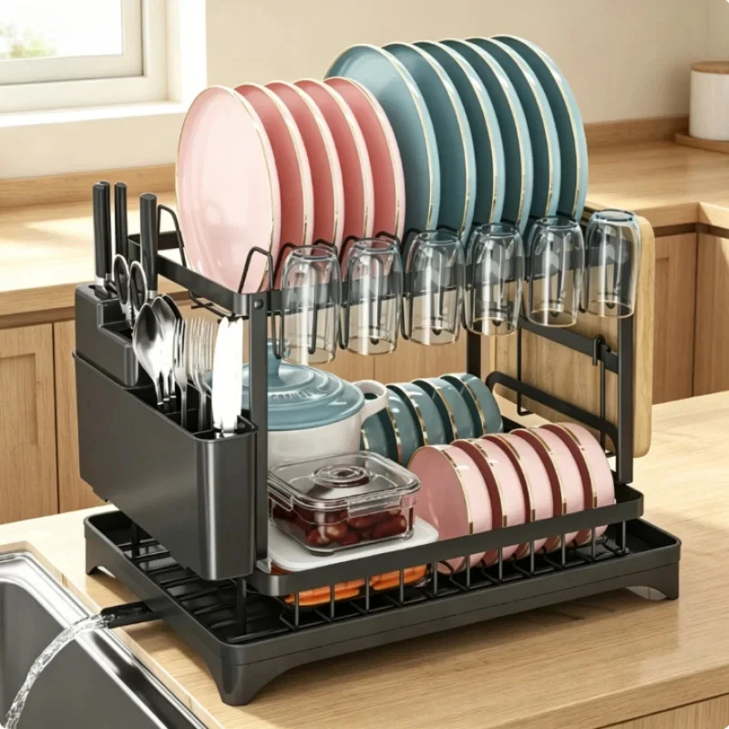 Metal 2-Tier Dish Drying Rack with Drip Tray – Kitchen Countertop Drainer, Multifunctional Storage Rack for Dishes & Chopsticks