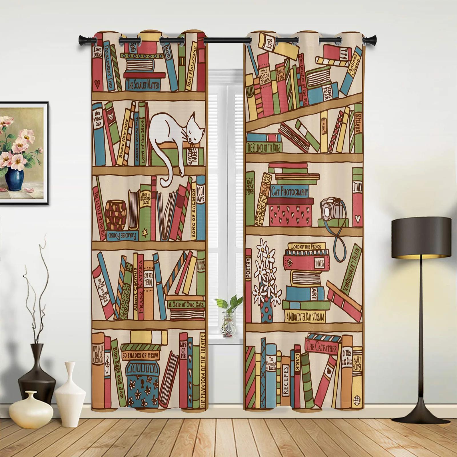 Bookshelf Sleeping Cat Retro Fancy Curtains for Living Room Balcony Luxury Home Decor Window Treatments Printed Drapes for Hotel