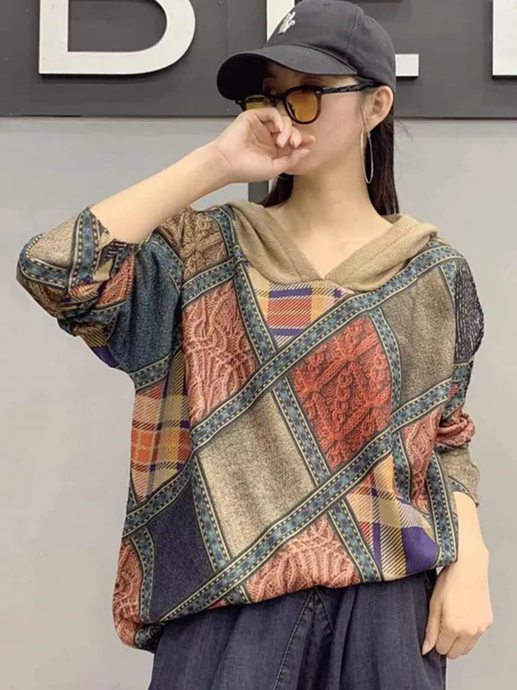 Max LuLu 2022 New Autumn Hooded Vintage Knitted Sweaters Womens Loose Harajuku Pullovers Printed Plaid Jumpers Ladies Clothes