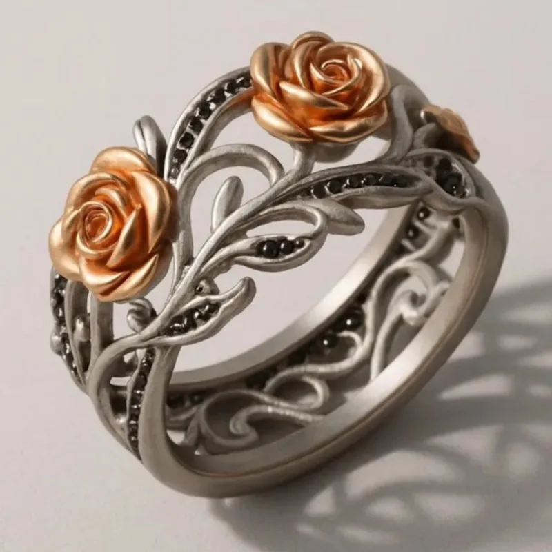 Vintage Inlaid Black Stone Flower Women's Ring Design Two Color Hand Carving Daily Wear Party Jewelry Anniversary Gift