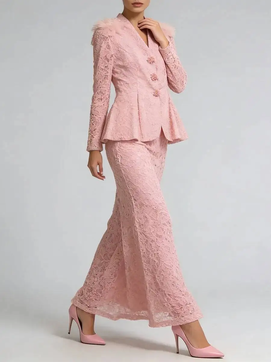 FANAN Pink Lace Two Piece Sets For Women V Neck Long Sleeves Spliced 3D Flower Top High Waist Skirt Elegant Set Female 2026 New view 3