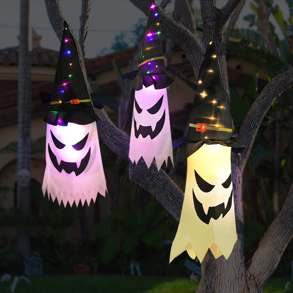 Halloween LED Wizard Ghost Hanging Light Battery Powered Glowing Wizard Hat Lamp For Halloween Party Decoration Holiday Lighting