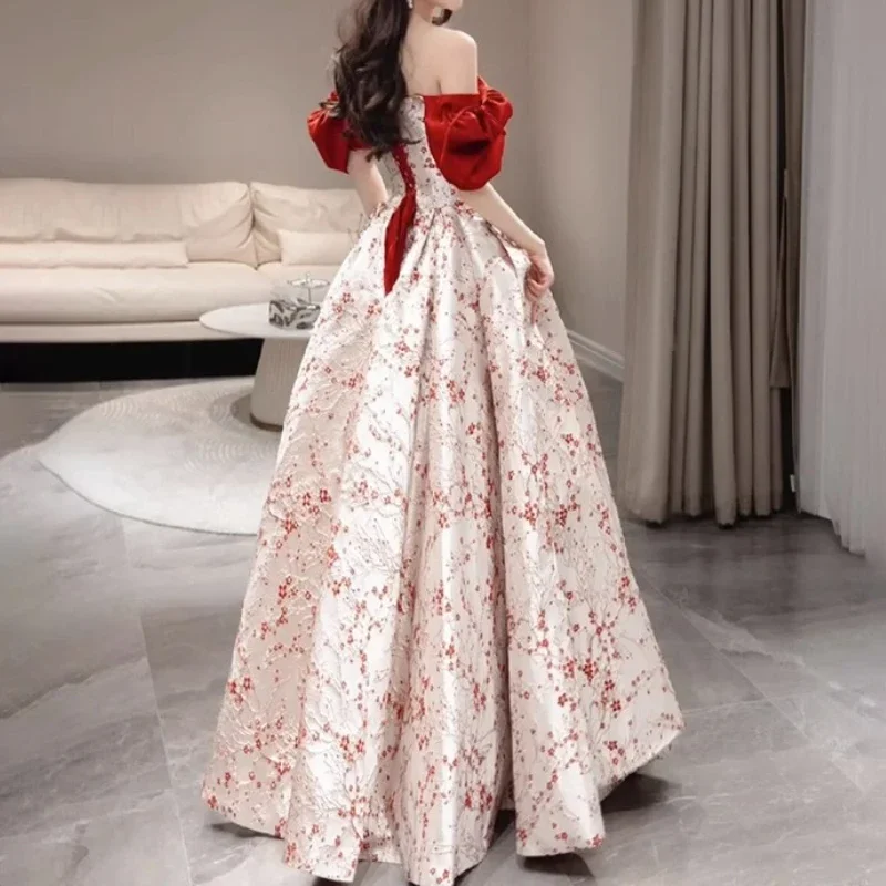 Customized Temperament Cross Slash Neck Wedding Party Dress Constrast Satin Princess Floral Printed Prom Robe Draped Long Straps