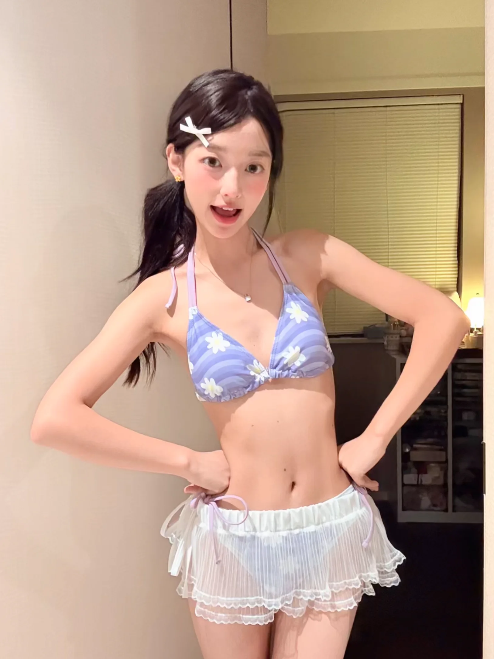 

New Purple White Flower Pure Desire Bikini Sexy Swimsuit Women's Small Chest Gathered Vaion Beach Swimming Suits Women