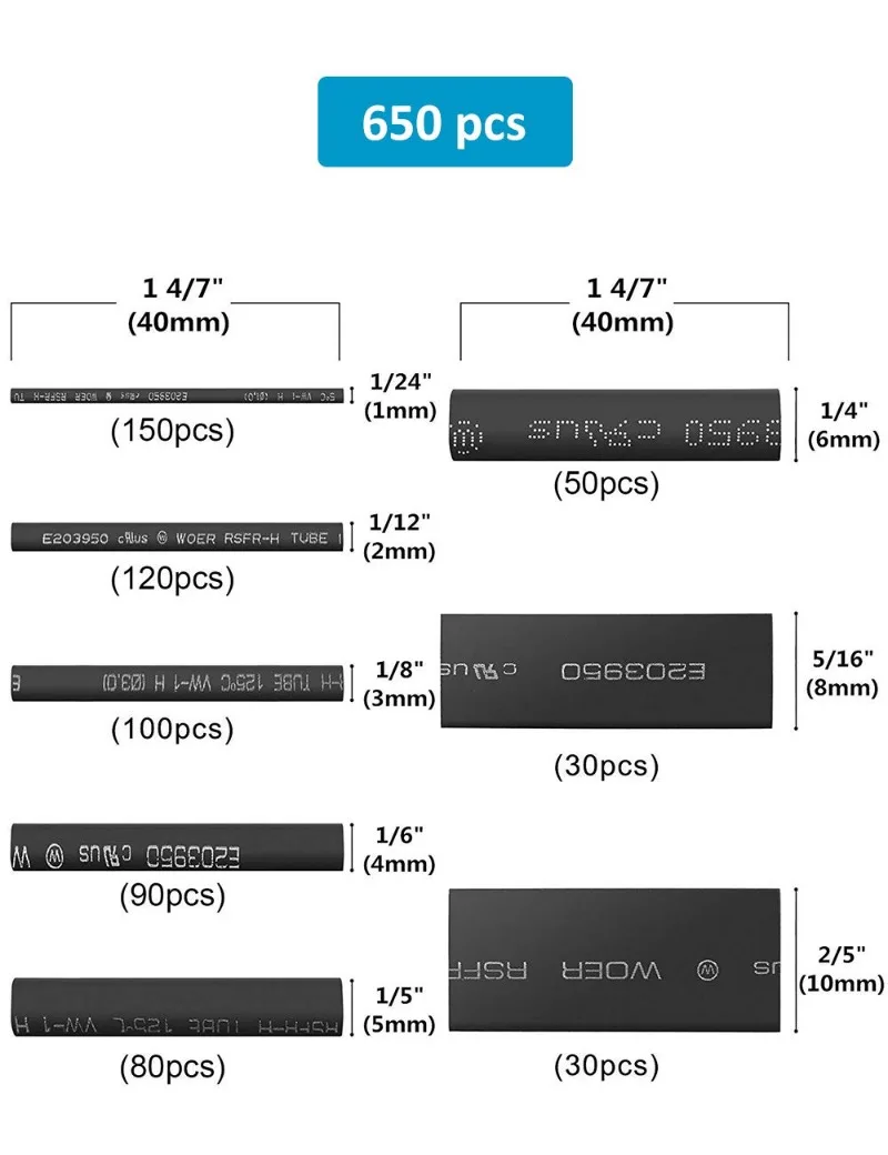 650pcs/lot Thermoresistant tube Shrink wrapping 2:1 Black heat shrink Sleeving set Wire Cable Polyolefin Wrap Tubing