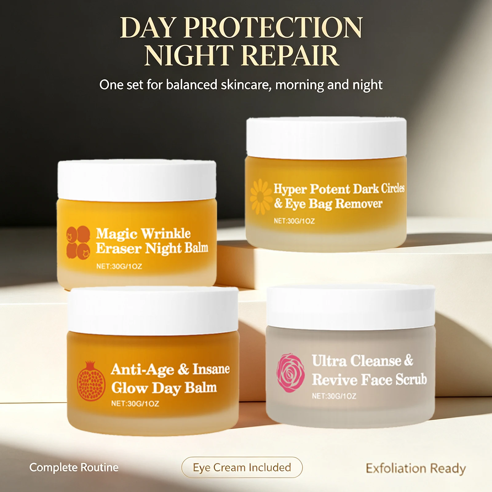 Day Night Skincare Set Cream Eye Cream Face Scrub Moisturizing Smoothing Brightening Daily Care 4pcs