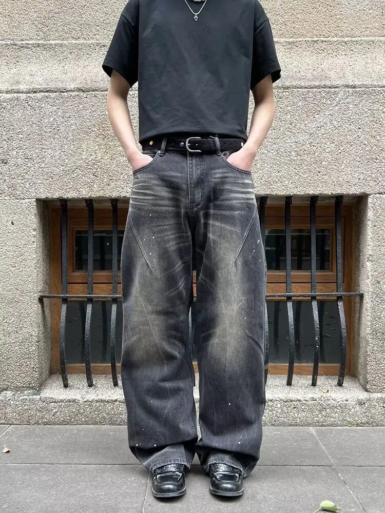 2025 Trashy Y2K 2000S Streetwear Tuschemalerei Baggy Jeans Hosen für Männer 90S Vintage Kleidung gerade alte Baumwolle Faltenhose – Detail 10