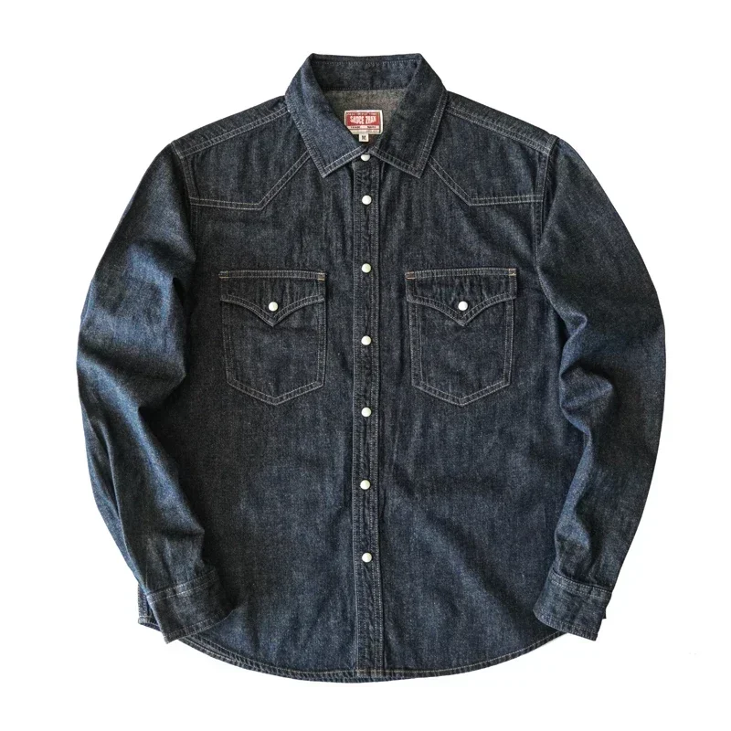 Sauce Zhan Mens Shirt Jeans Shirt Vintage Cotton and Linen Western Cowboy Shirt Long Sleeve Denim Double Pockets