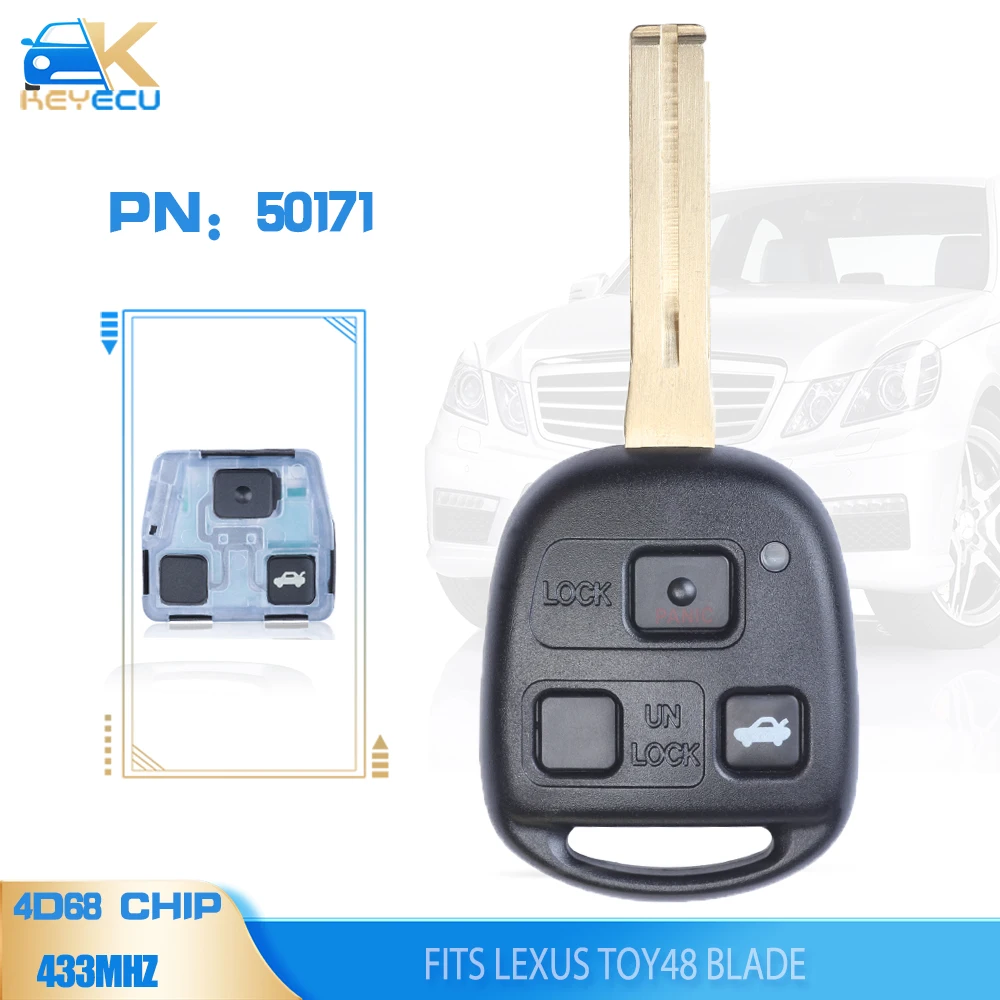 

KEYECU PN: 50171 - 4D68 Chip Remote Car Key 3 Buttons ASK 433MHz for Lexus Uncut TOY48 Blade