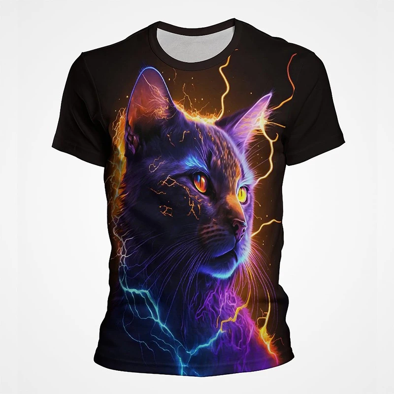 New Colorful Cat Cat Animals Cool Funny T-Shirt Boys Short Sleeve Summer Tops Fashion Men‘s Tshirt Kids Tees Women Clotheing