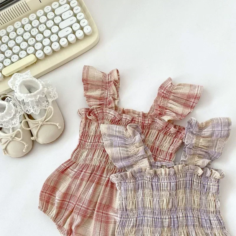 Baby Girl Romper 2023 Summer Newborn Princess Ruffles Sleeveless Elastic Cotton Plaid Bodysuit With Hat 2PCS Clothes 0-2Years