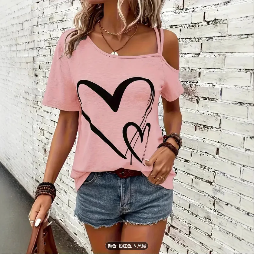 Damen 3D-Druck Herz Asymmetrischer Ausschnitt Kurzarm-Oberteil Elastisches Lässiges Sommer-T-Shirt Modisches Grafik-T-Shirt