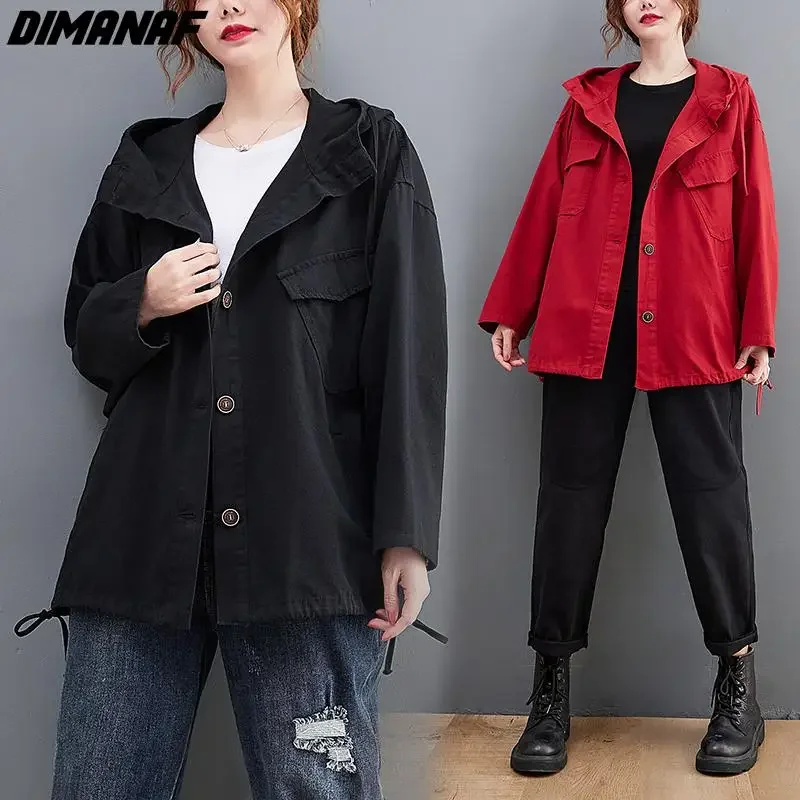 DIMANAF 2024 New Oversize Jackets Female Women Cotton Black Spliced Coat Solid Red