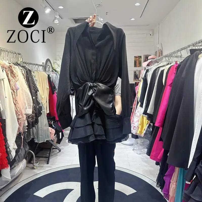 [ZOCI] line light luxury niche two-piece spliced pleated waist seal ruffle edge shirt dress A2#8600