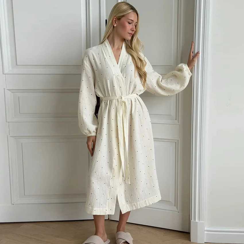 HiLoc Polka Dots Elegant Home Woven Inelastic Women Mid-Calf Nightgowns Lantern Sleeve V-Neck Wrap Lace Long Robes Autumn 2026